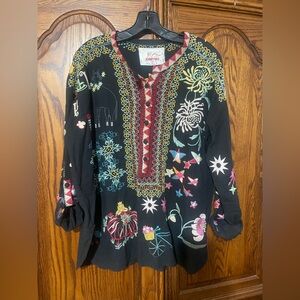 Johnny Was Black Top with Multicolor Embroidery